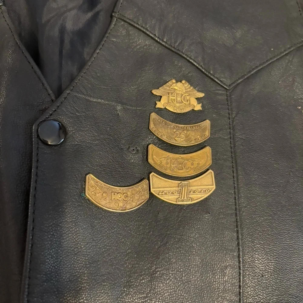Vintage First Genuine Leather Vest Sz 50 Biker Harley Davidson Pin Hog Owner